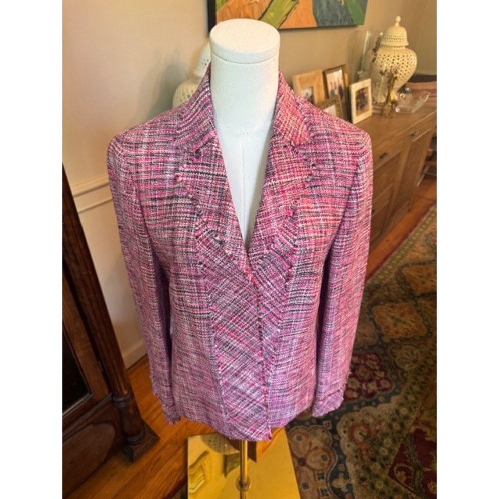 Akris Punto Pink Tweed Blazer Jacket Snap Closure Fringed Trim Women Size 8